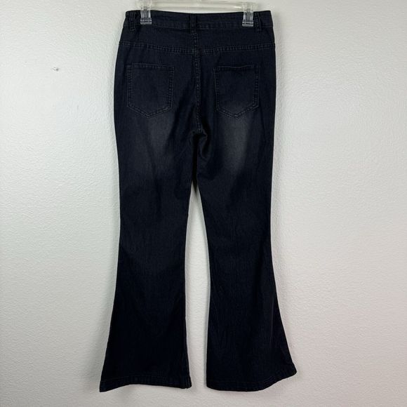 Women’s High Waisted Flare Leg Stretch Faded Black Gray Denim Jeans Medium - Picture 8 of 12